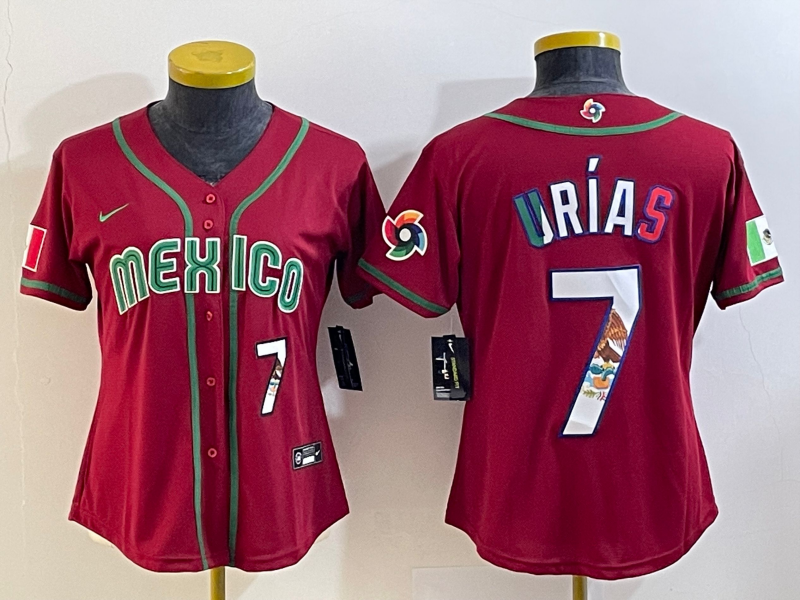 Women's Mexico Baseball #7 Julio Urías 2023 Red World Baseball Classic With Patch Stitched Jersey(Run Small)